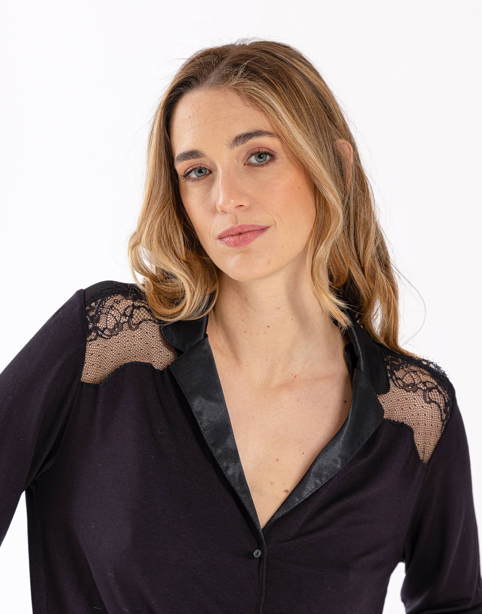 Pyjama Boutonn En Jersey Et Dentelle Noir Vivienne Noir Lingerie