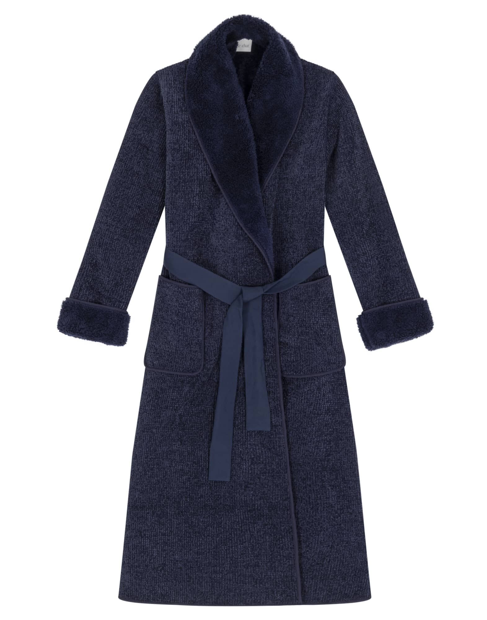 Plush And Chenille Dressing Gown Hygge Navy Lingerie Le Chat