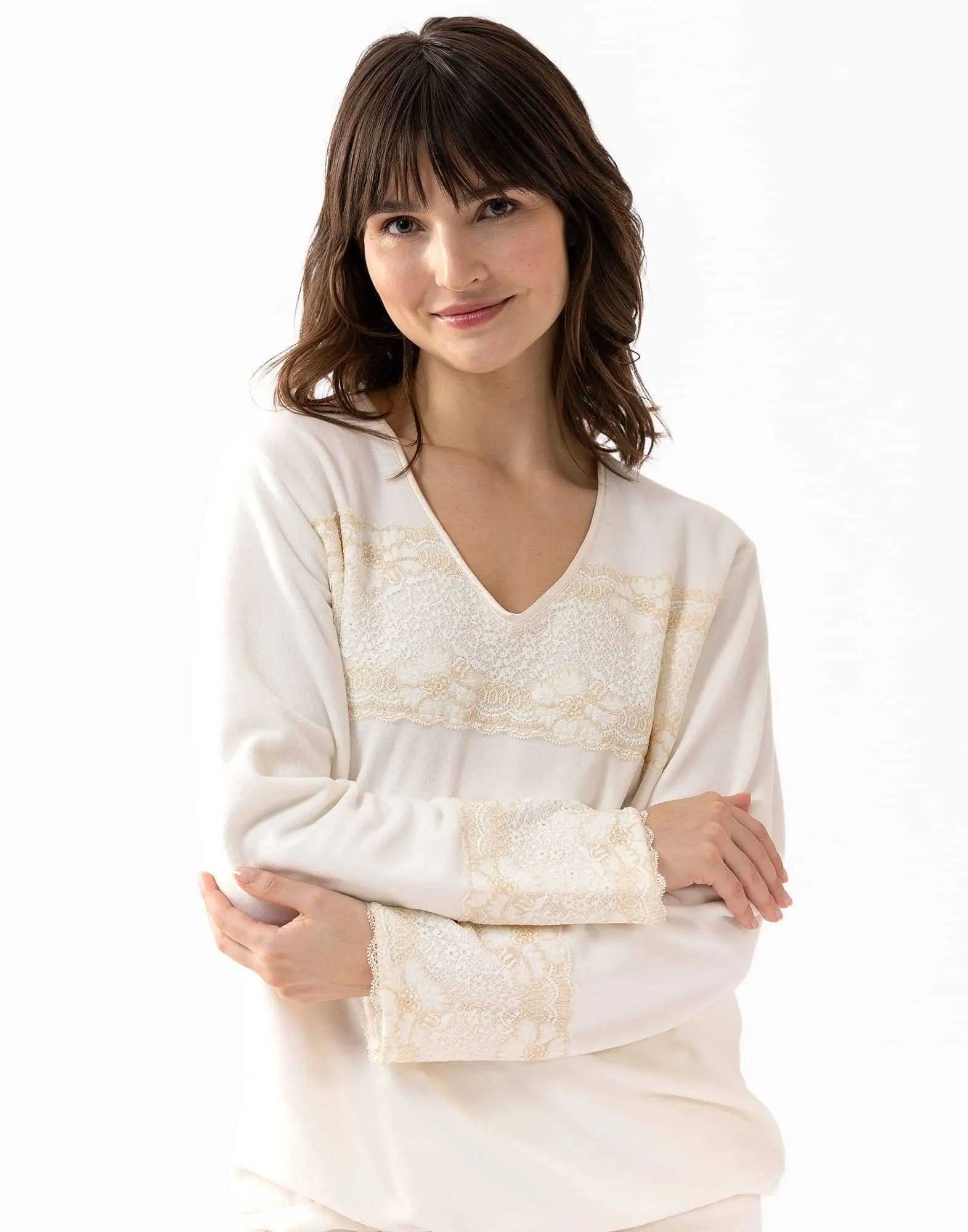 Pyjama En Micropolaire Et Finitions Dentelle Ritz Cru Lingerie