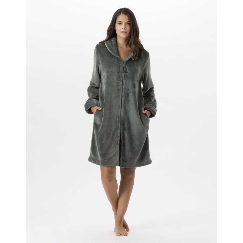 Plush Flannel Bathrobe Essentiel Moss Green Lingerie Le Chat