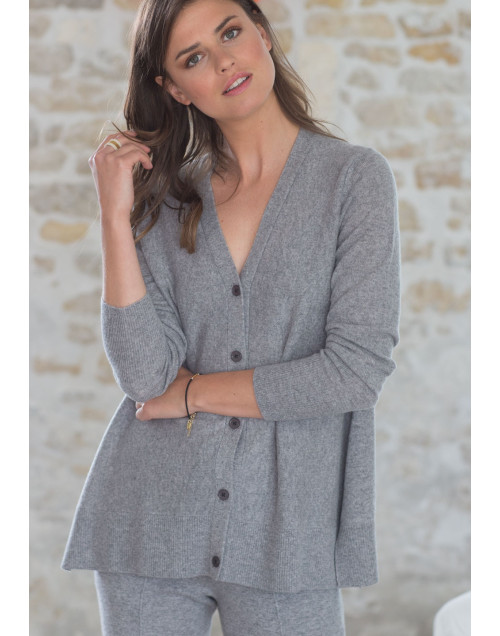 Buttoned cardigan 5019 100% CASHMERE Grey fleck - Lingerie Le Chat