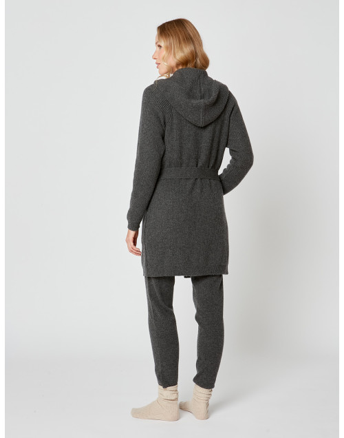 Cashmere bathrobe with shawl collar and soft hood in slate grey