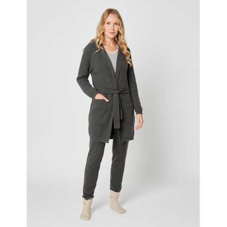 Cashmere bathrobe with shawl collar and soft hood in slate grey - Lingerie le Chat