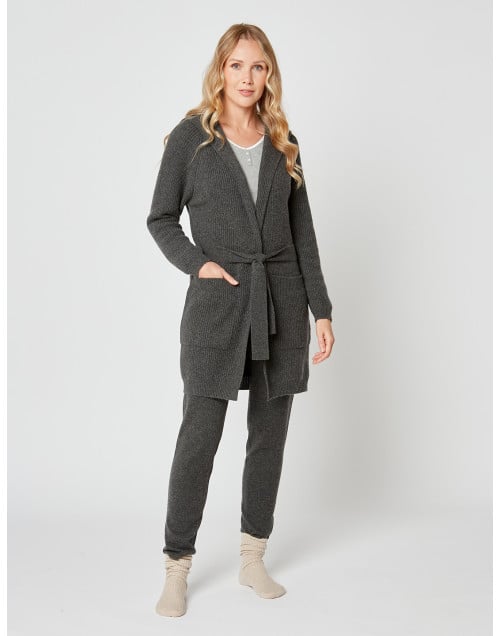 Cashmere bathrobe with shawl collar and soft hood in slate grey - Lingerie le Chat