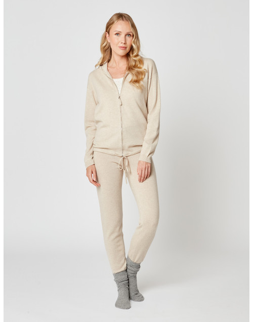 Cashmere hooded zip-front jacket in camel