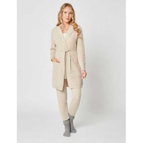 Cashmere bathrobe with shawl collar and soft hood in camel - Lingerie le Chat