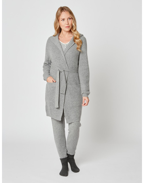 Cashmere bathrobe with shawl collar and soft hood in grey fleck - Lingerie le Chat