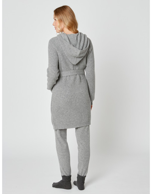 Cashmere bathrobe with shawl collar and soft hood in grey fleck