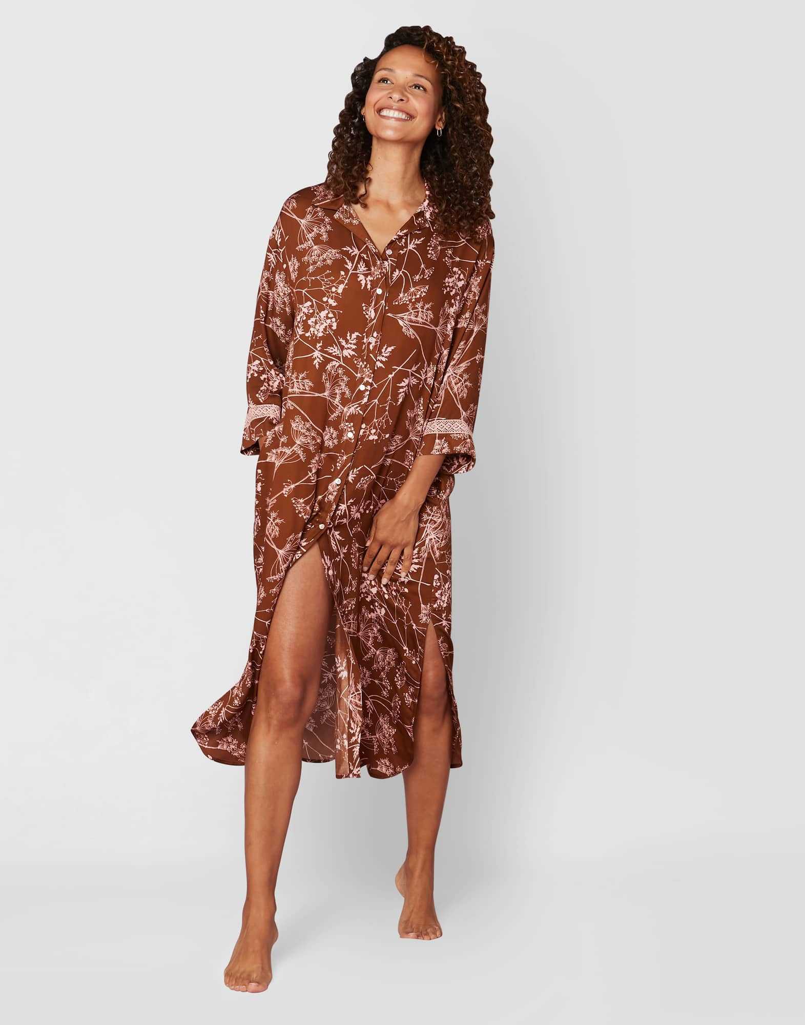 Patterned viscose nightshirt CASAMANCE 505 cocoa & rose