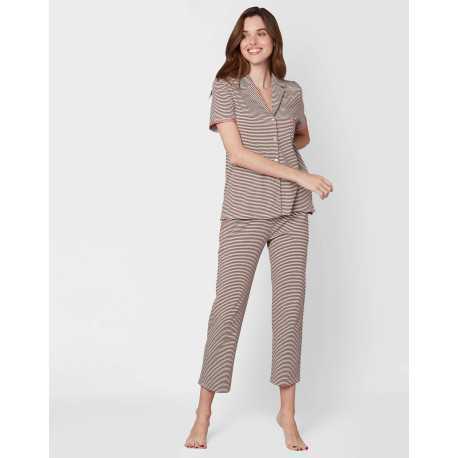 Pyjama rayé 7/8°en coton élasthanne TOUDOUX 506 choco/écru