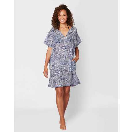 Kaftan en voile de coton imprimé PALM SPRINGS 540 bleu