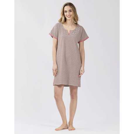 Chemise de nuit rayée en coton élasthanne TOUDOUX 501 choco/écru