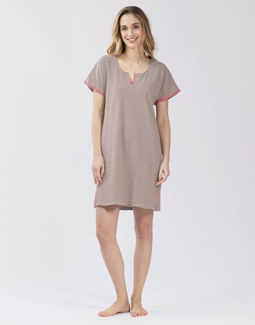 Striped nightdress in cotton elastane TOUDOUX 501 cocoa ecru