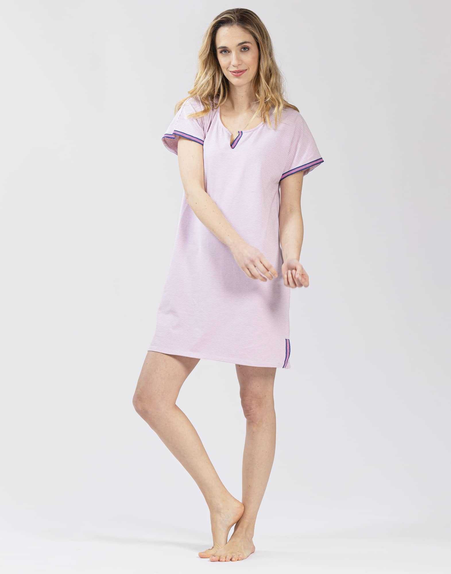 Striped nightdress in cotton elastane TOUDOUX 501 violet ecru