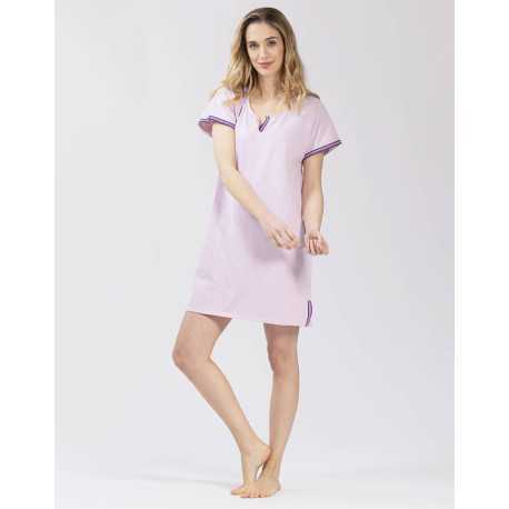 Striped nightdress in cotton elastane TOUDOUX 501 violet ecru