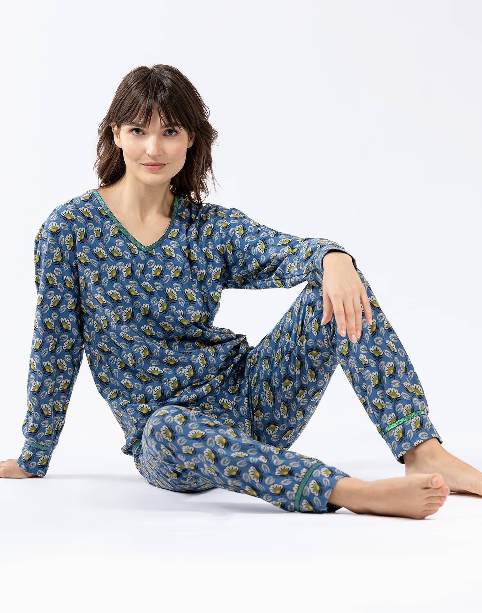 Knit Pajama with celtic print and plain trousers.