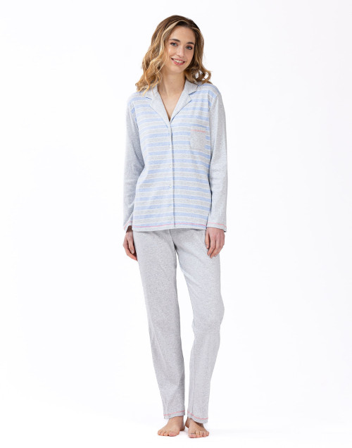 100% cotton interlock buttoned pyjamas HYGGE 606 sky blue | Lingerie le Chat