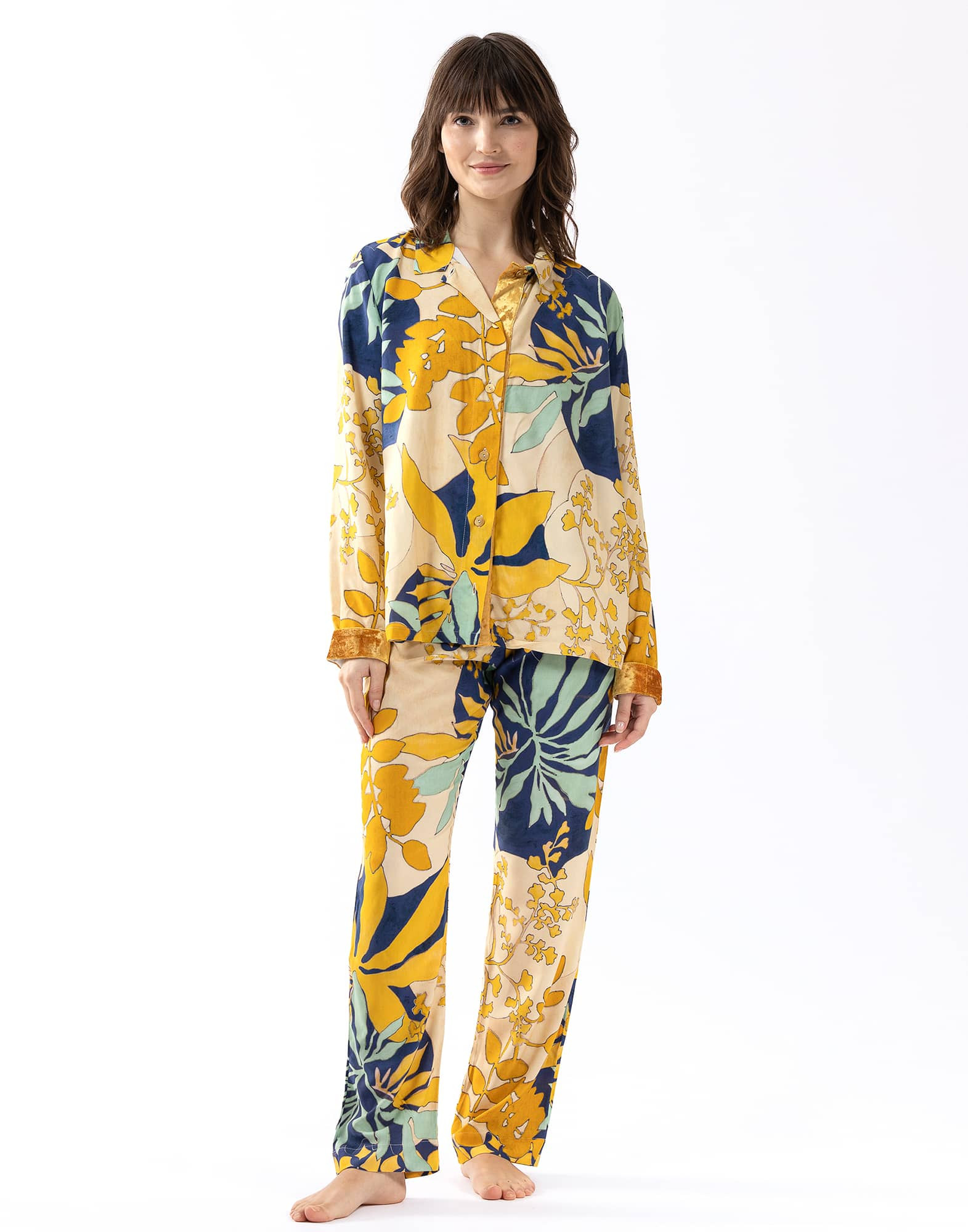 Pyjama femme à motif feuilles - Multicolore en viscose