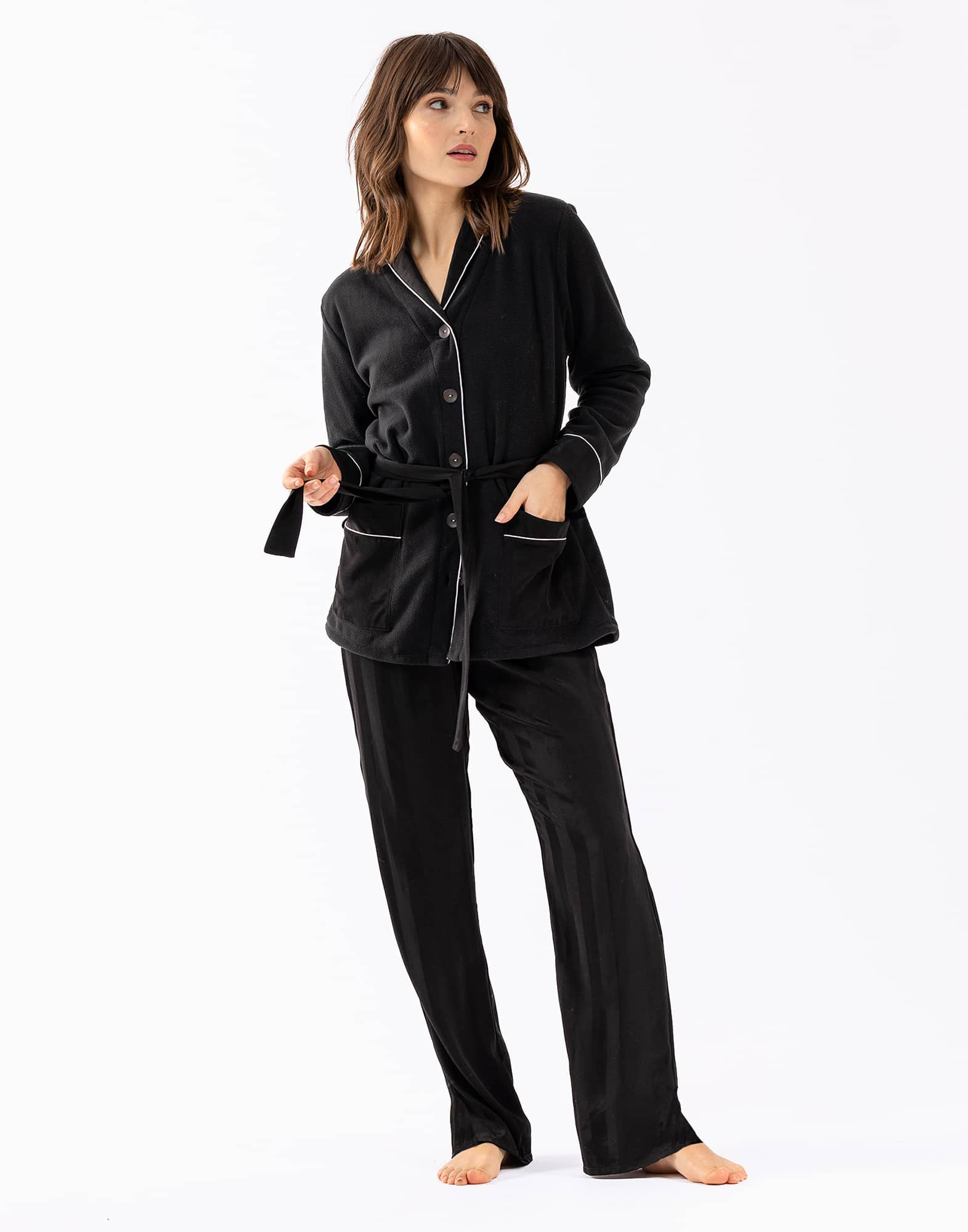 Buttoned pyjamas GABRIELLE 616 made from black microfleece and viscose ...