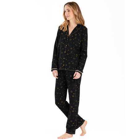 Pyjama boutonné CÉLESTE 606 en coton noir  | Lingerie le Chat