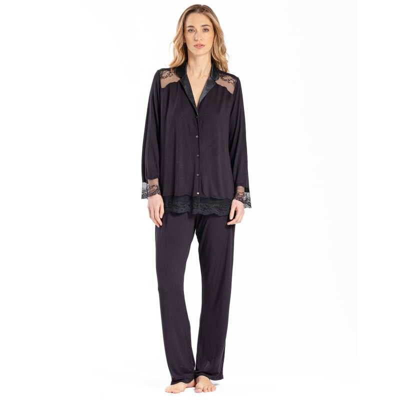 Buttoned pyjamas VIVIENNE 606 made from black viscose jacquard | Lingerie le Chat