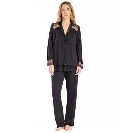 Pyjama boutonné en jersey et dentelle noir VIVIENNE 606 noir | Lingerie le Chat