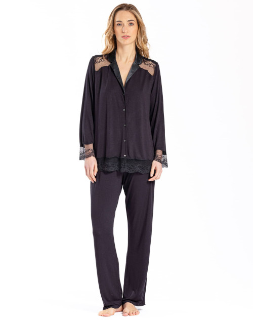 Pyjama boutonné en jersey et dentelle noir VIVIENNE 606 noir | Lingerie le Chat