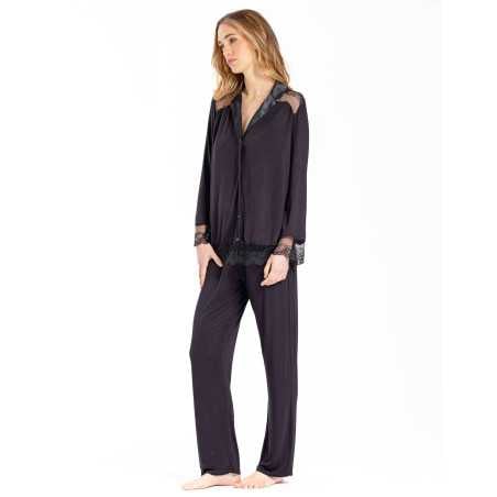 Buttoned pyjamas VIVIENNE 606 made from black viscose jacquard | Lingerie le Chat