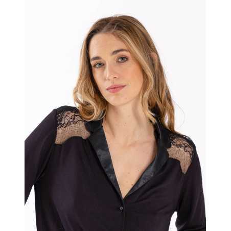 Pyjama boutonné en jersey et dentelle noir VIVIENNE 606 noir | Lingerie le Chat