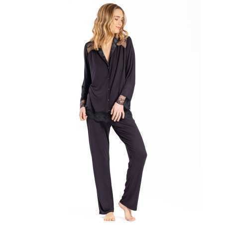 Pyjama boutonné en jersey et dentelle noir VIVIENNE 606 noir | Lingerie le Chat