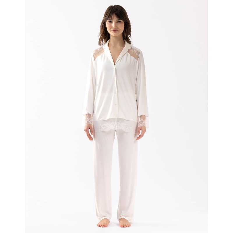 Buttoned pyjamas VIVIENNE 606 made from ecru viscose jacquard | Lingerie le Chat