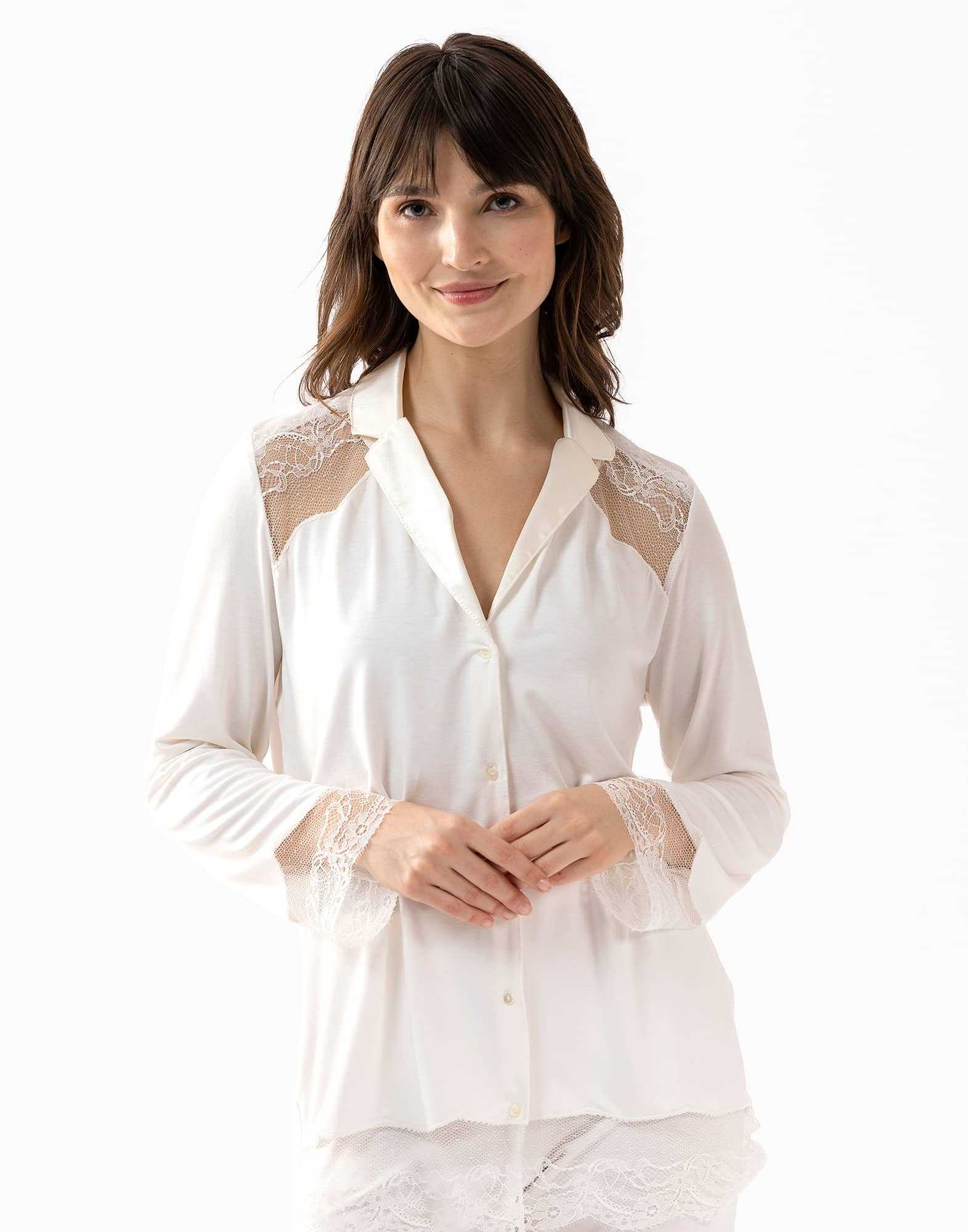 Buttoned pyjamas VIVIENNE 606 made from ecru viscose jacquard | Lingerie le Chat