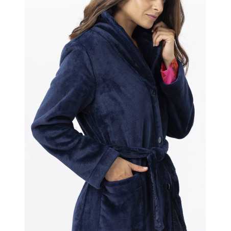 Plush flannel bathrobe ESSENTIEL 651 navy blue | Lingerie le Chat