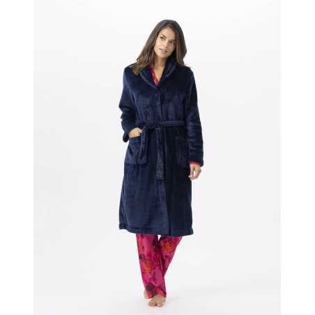 Plush flannel bathrobe ESSENTIEL 651 navy blue | Lingerie le Chat