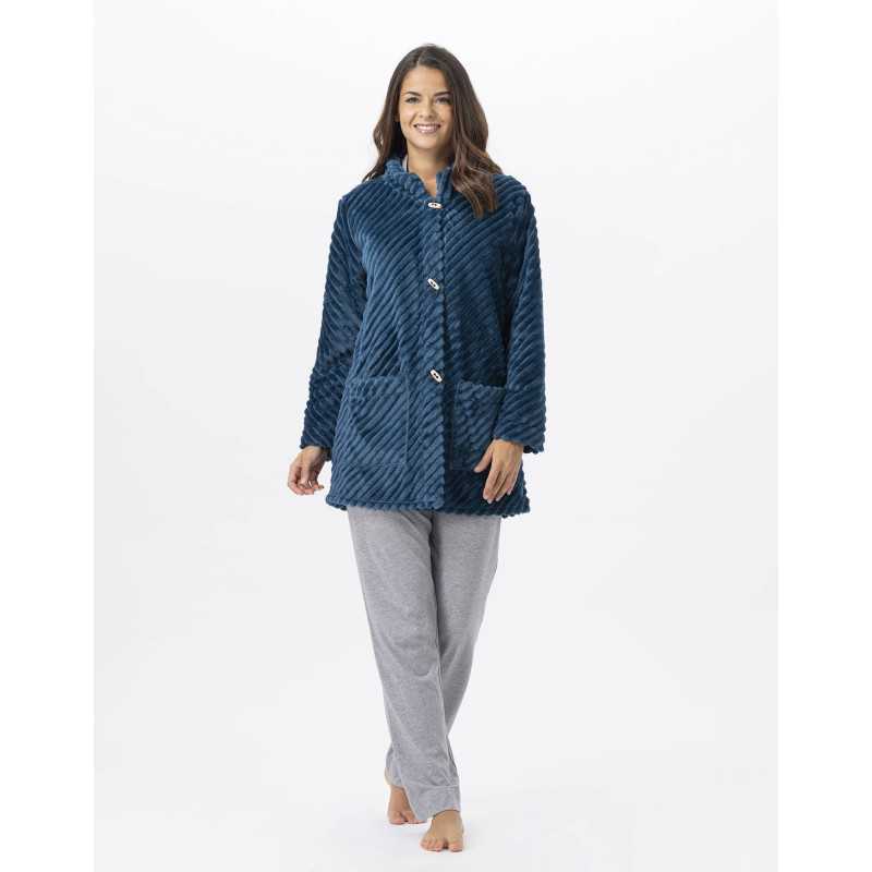 Fur draped loungewear jacket ESSENTIEL H75A peacock blue | Lingerie le Chat