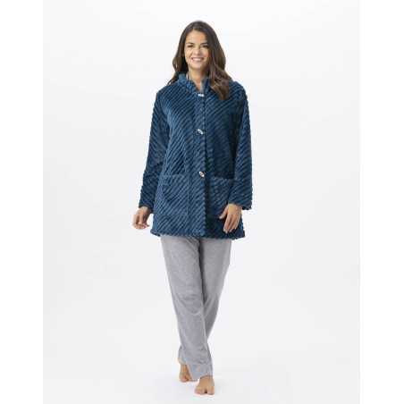 Fur draped loungewear jacket ESSENTIEL H75A peacock blue | Lingerie le Chat