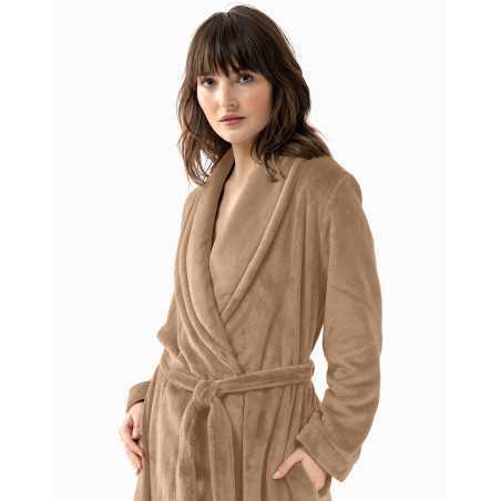 Plush flannel twill bathrobe ESSENTIEL 661 in honey gold | Lingerie le Chat