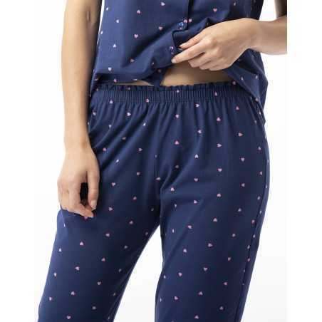 Pyjama pantacourt boutonné en coton AMORE 706 marine  | Lingerie le Chat