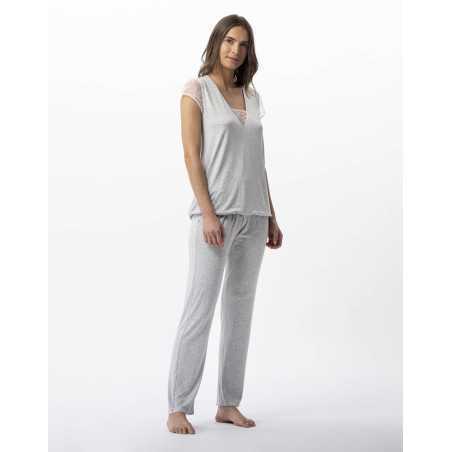 Pyjama en jersey et dentelle ANNAH 702 gris chiné   | Lingerie le Chat