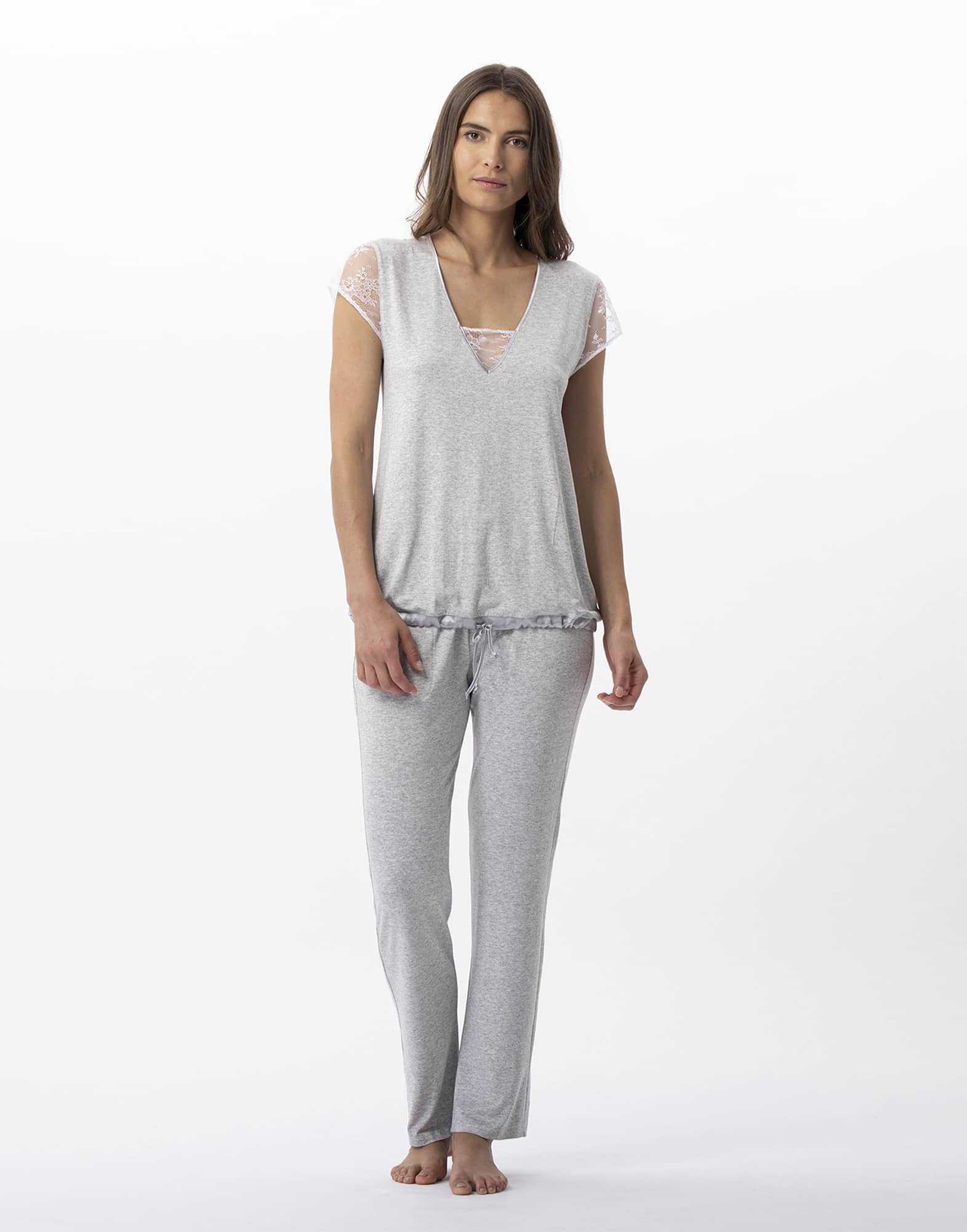 Pyjama en jersey et dentelle ANNAH 702 gris chiné   | Lingerie le Chat
