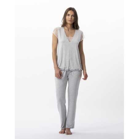 Pyjama en jersey et dentelle ANNAH 702 gris chiné   | Lingerie le Chat