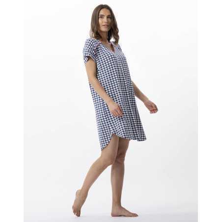 Chemise de nuit imprimée pied de poule en viscose élasthanne ROSIE 701 indigo  | Lingerie le Chat