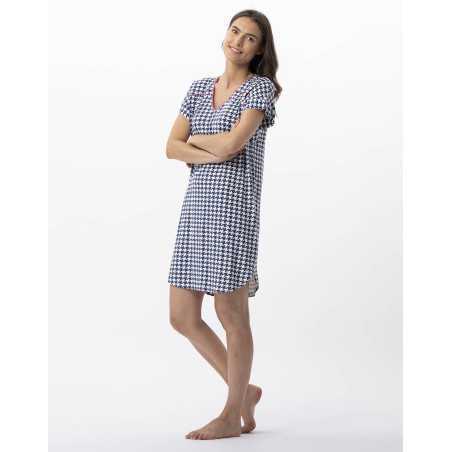 Chemise de nuit imprimée pied de poule en viscose élasthanne ROSIE 701 indigo  | Lingerie le Chat