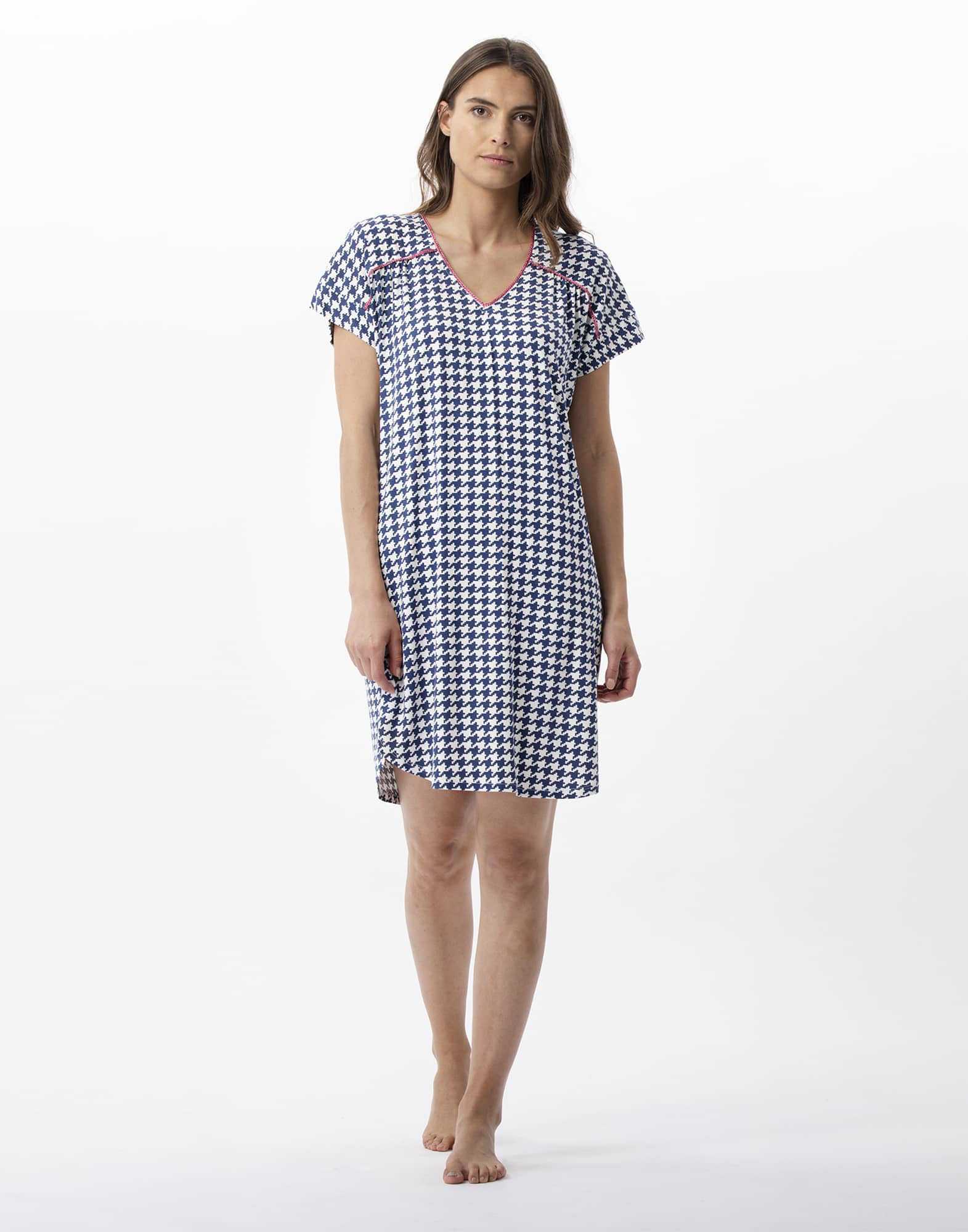 Chemise de nuit imprimée pied de poule en viscose élasthanne ROSIE 701 indigo  | Lingerie le Chat