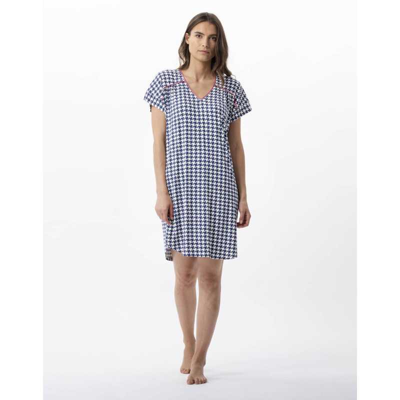 Chemise de nuit imprimée pied de poule en viscose élasthanne ROSIE 701 indigo  | Lingerie le Chat