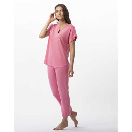 Pyjama pantacourt en coton modal RIVIERA 702 fraise  | Lingerie le Chat