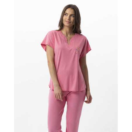 Pyjama pantacourt en coton modal RIVIERA 702 fraise  | Lingerie le Chat