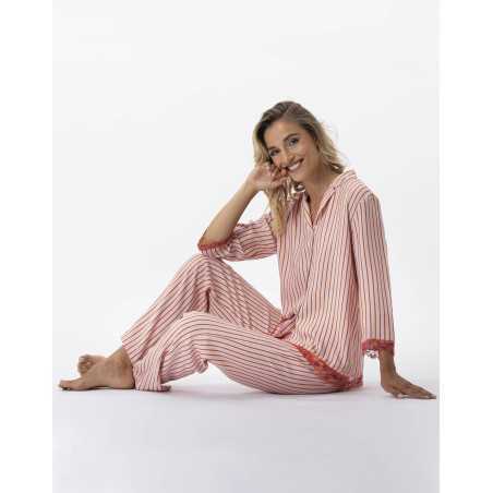 Pyjama boutonné rayé en 100% viscose BIRKIN 706 dragée  | Lingerie le Chat