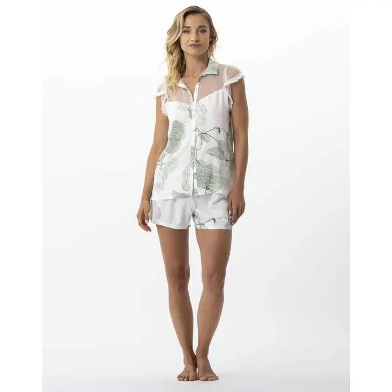 Pyjama short motif végétal en 100% viscose GINKGO 700 kaki  | Lingerie le Chat