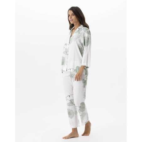 Pyjama boutonné motif végétal en 100% viscose GINKGO 706 kaki